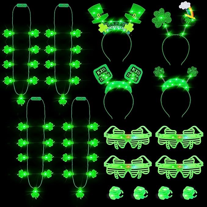 16PCS St Patricks Day Accessories, Light up St Patricks Headband Necklace Glasses Ring Decor, Flashing St Patricks Party Favors for Adults, Irish Glow 3D Shamrock St. Patrick's Parade Party Supplies Visit the EOBOH Store