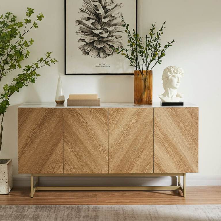 roomfitters 57 inch Marble Top TV Stand, Modern Media Console, Credenza Sideboard Buffet Cabinet with Tip-on Doors, Mid Century for Hallway Entryway Living Room (Oak Wood, Gold Metal Legs)