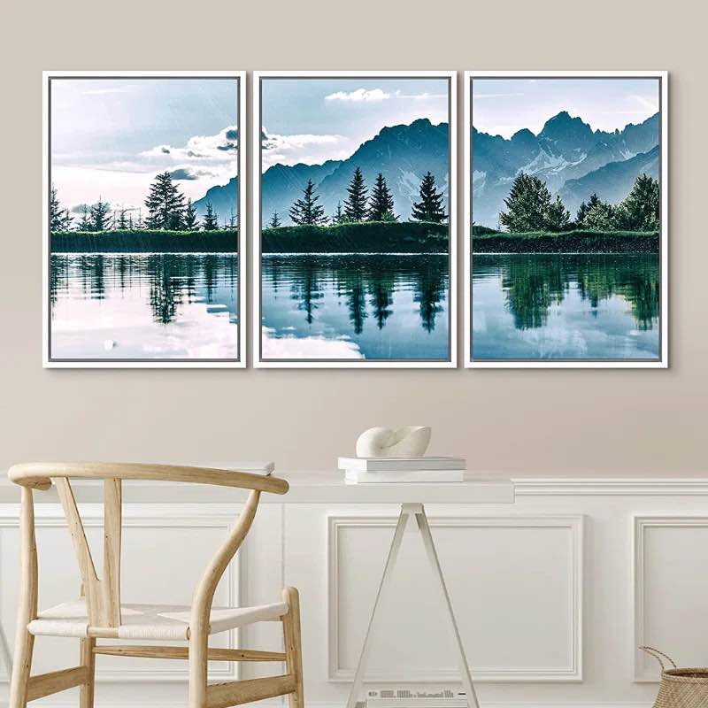 Noway Natural Landscape Green Mountain Lake Forest Reflection Framed Canvas 3 Pieces Print Wall Art
