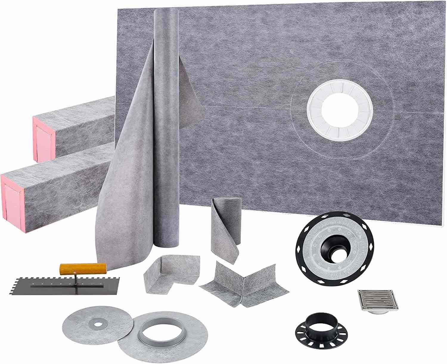 VEVOR Shower Curb Kit, 38"x60" Watertight Shower Curb Overlay with 4" PVC Central Bonding Flange, 4" Stainless Steel Grate, 2 Cuttable Shower Curb and Trowel, Shower Pan Slope Sticks Fit for Bathroom