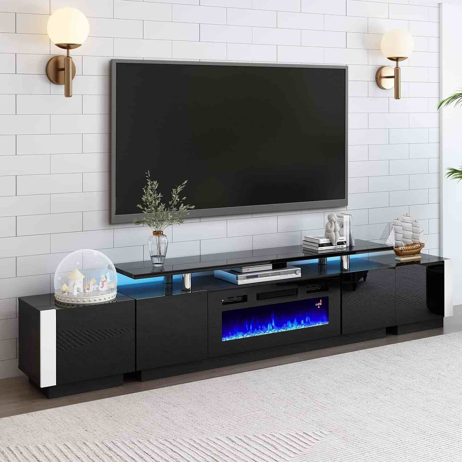 AMERLIFE 110" Large Fireplace TV Stand Set with 36" Electric Fireplace, Includes 70" Fireplace TV Stand, 2 x End Tables, Modern High Gloss TV Console Table with LED Light for Living Room, Black FIREPLACE ONLY