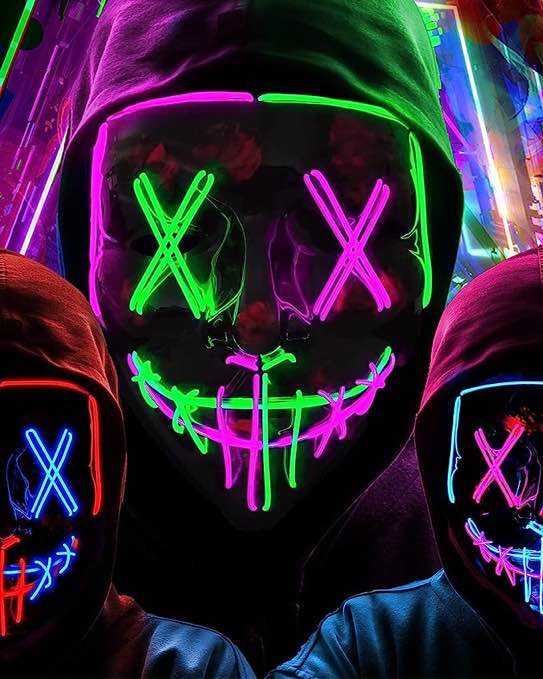 Halloween Purge Mask for Adults Led Light Up Scary Mask Cosplay Costume for Halloween Festival Masquerade Carnival Party (multicolour green & pink)