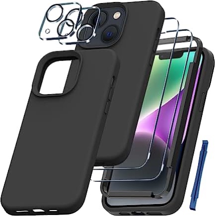 QHOHQ (5 in 1) for iPhone 14 plus case, with 2x screen protector +2x camera lens protector soft silicone military shockproof slim thin phone case 6.7 in black 