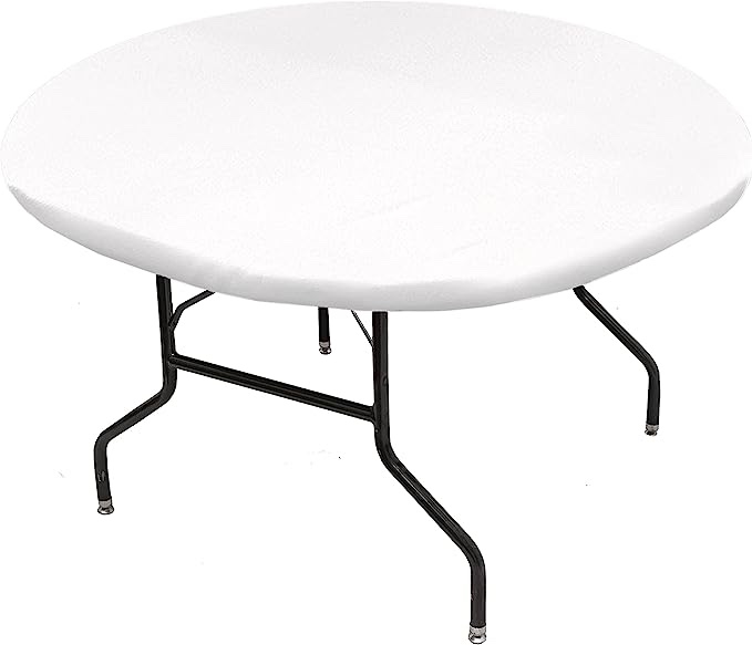 White Fitted Table Cover for Round Tables, Water Resistant, Windproof Table Protector for Dining Room Table - Machine Washable Table Cover Protector - Elastic Tablecloth for Indoors Outdoors 56”