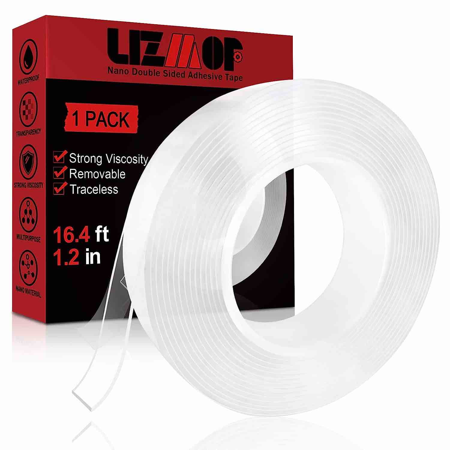 LIZMOF Nano Double Sided Tape Heavy Duty, 16.4 FT X 1.18Inch Multipurpose Wall Tape, Clear Sticky Adhesive Strips, Removable, Washable & Reusable Mounting Tape, Transparent Tape Gel Poster Carpet Tape