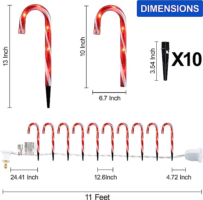 J-HVA Christmas Candy Cane Lights, Candy Cane Lights Christmas Decorations Outdoor for Yard,Garden(10Inch), 10Pack