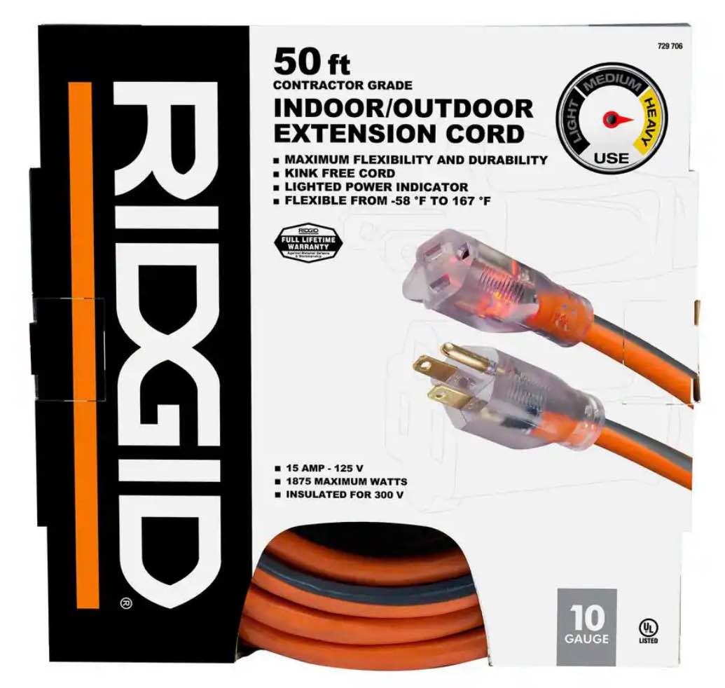 Ridgid 50ft Contractor Grade Indoor/Outdoor Extension Cord 10 Gauge OPEN BOX