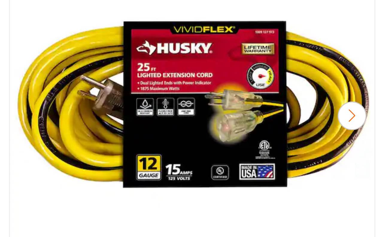 25 ft. 12/3 medium Duty Indoor/Outdoor Extension Cord with Lighted End, Yellow