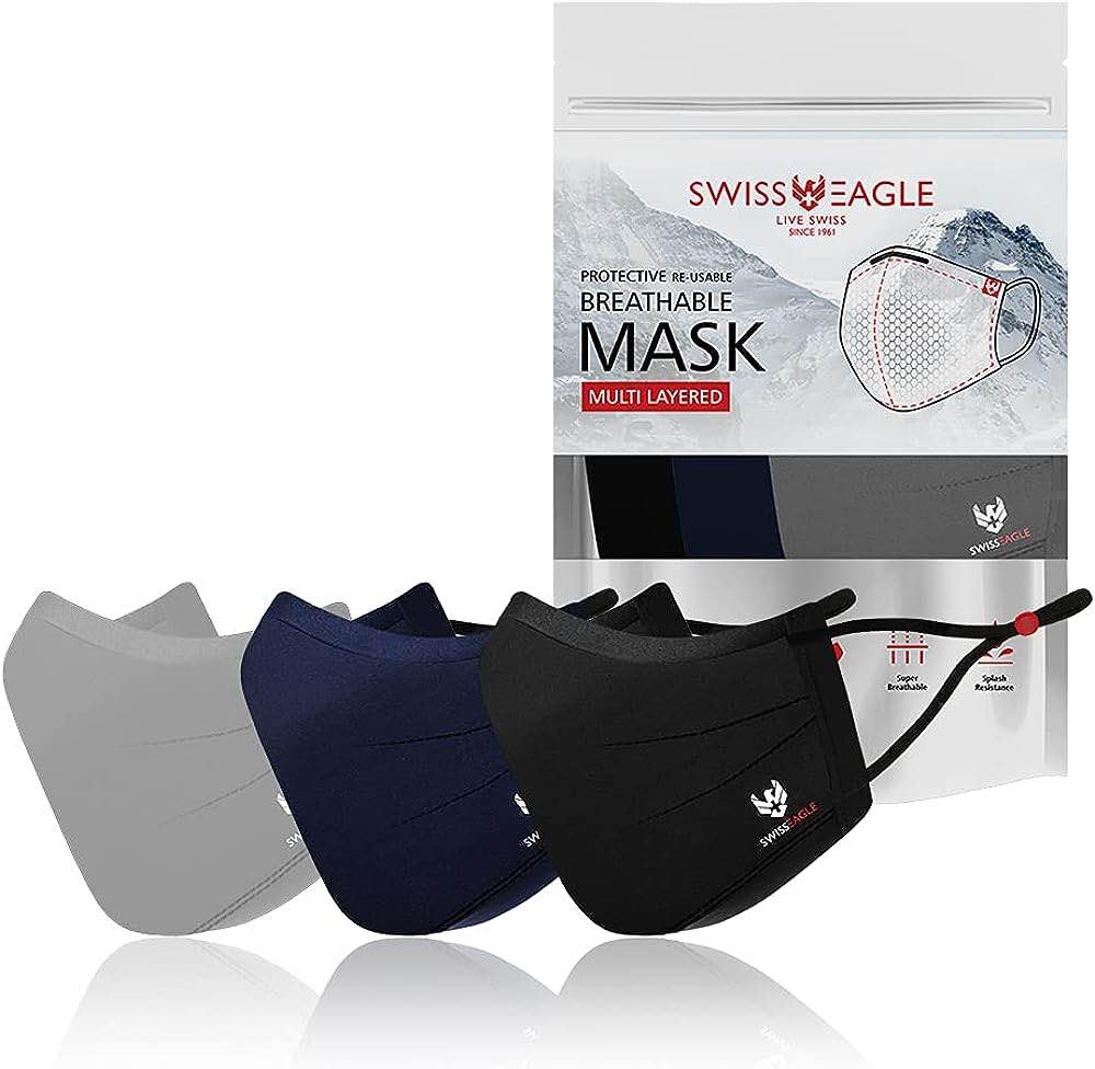 Swiss Eagle MULTICOLOUR Cotton Respirator 6 Layer Reusable Outdoor Face Mask Pack of 3