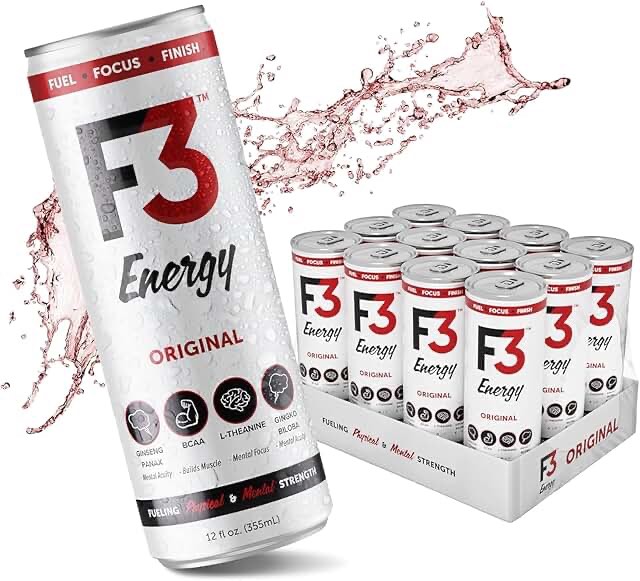 F3 Energy - Original Energy Drink, Muscle Building Sports Drinks w/BCAA, Panax Ginseng and Ginkgo Biloba, Natural Energy Drinks for Strength, Mental Focus, and Muscle Recovery, 355 ml (12 pack)