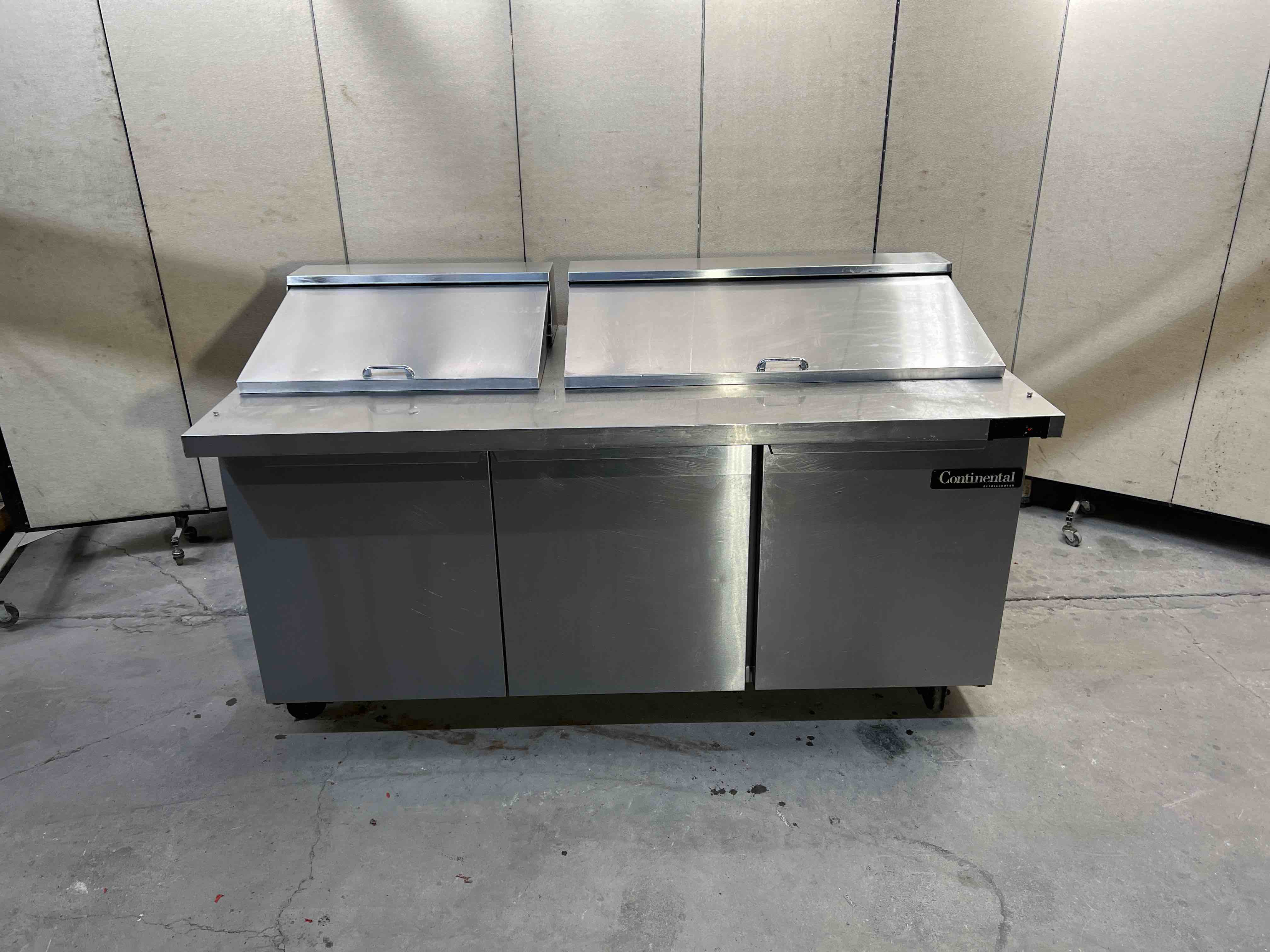 2018 CONTINENTAL 72 INCH REFRIGERATED MEGA TOP SANDWICH PREP TABLE ON CASTERS