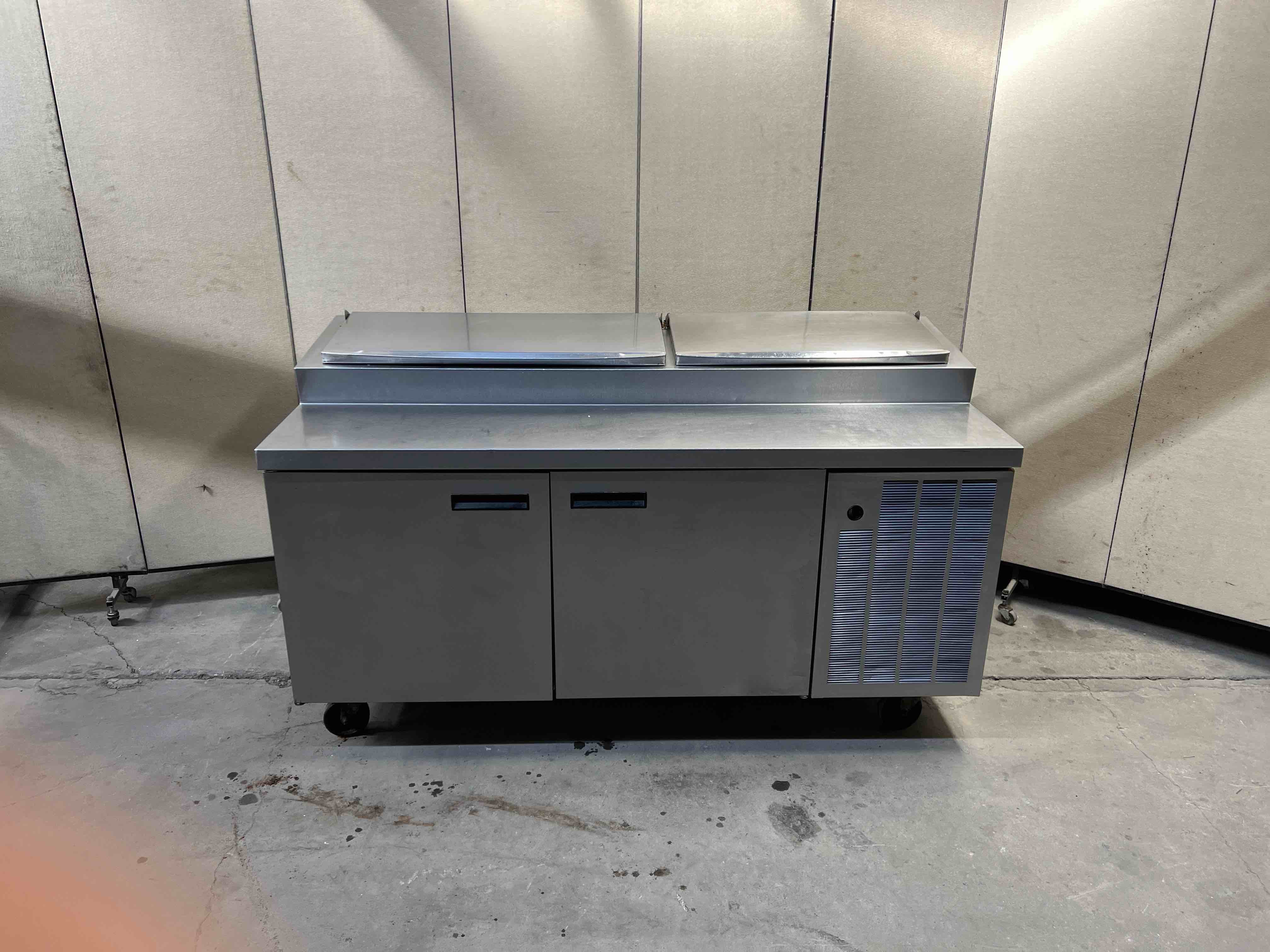 DELFIELD 72 INCH RAISED RAIL REFRIGERATED PIZZA PREP TABLE ON CASTERS 