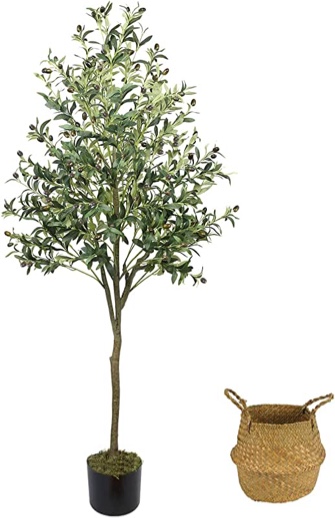Olive Tree Artificial Indoor 6FT (72''), GTIDEA Artificial Tree Indoor Large Faux Olive Tree and Fruits Artificial Plants Silk Trees for Home Decor Office Living Room Spring (With Woven Basket & Moss)