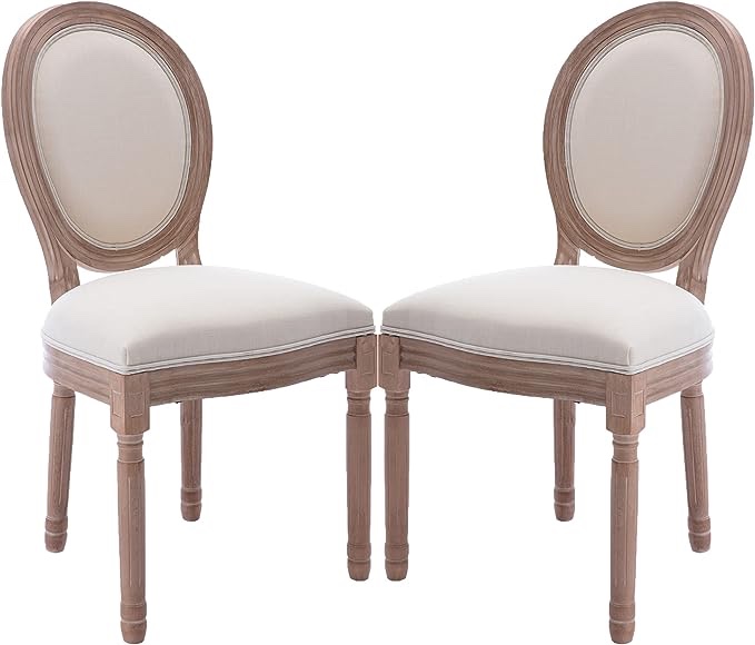 French Dining Chair chair set, Upholstered Vintage Farmhouse Chairs with Round Backrest, Mid Century Fabric Chair with Solid rubberwood Leg for Dining Room Bedroom Kitchen Restaurant, Beige, SIMILAR TO LOT PHOTO 