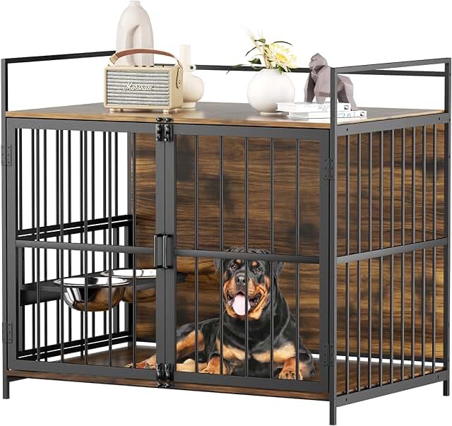ROOMTEC 48 Inch Furniture Style Large Dog Crate with Two 360° & Adjustable Bowls, End Table Dog House,Large Dog Kennels Indoor Use for Large Dog