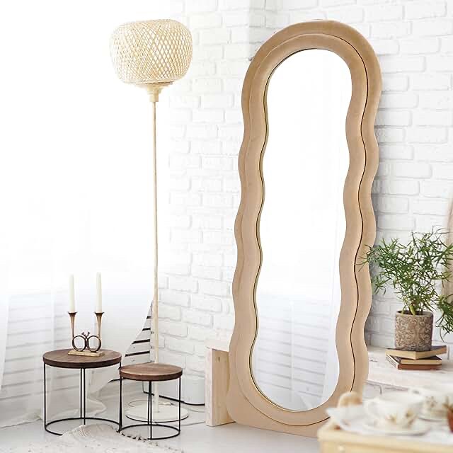 Broojo Irregular Full Length Mirror, 63” x 24” Irregular Wall Mirror, Wave Floor Mirror with Flannel Wrapped Wooden Frame, Frame, Full Body Mirror Hanging or Leaning Against Wall, Milk Tea