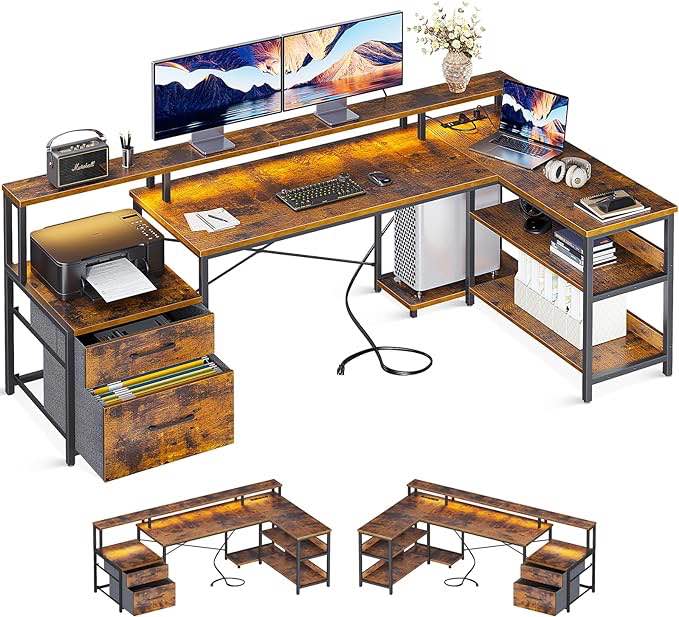 ODK L Shaped Desk with File Drawer, 75" Reversible L Shaped Computer Desk with Power Outlet & LED Strip, Office Desk with Storage Shelves, Gaming Desk with Monitor Shelf, Corner Desk, Vintage