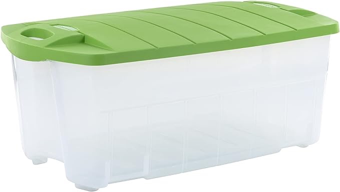 Rubbermaid 28 Gallon/112 Quart Jumbo Clear Tote, Pack of 2, Stackable, Large Capacity, Clear Bins/Bright Green Lids, Home, Garage, and Office Storage Organizer, Durable Snap-Tight Lids
