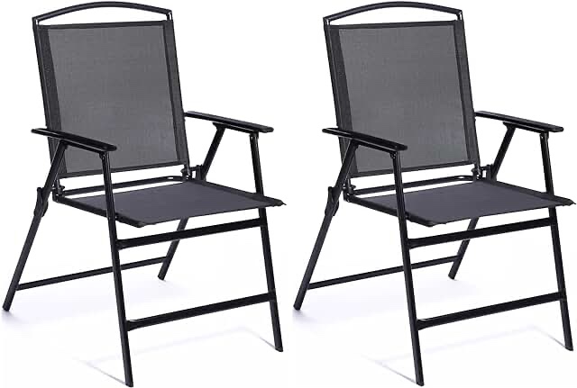 Bylring Patio Folding Sling Dining Chairs Set of 2 Outdoor Indoor Backrest Portable Household Seats for Outside Lawn Garden Patio Pool Yard with Armrest(Black) 2 Black