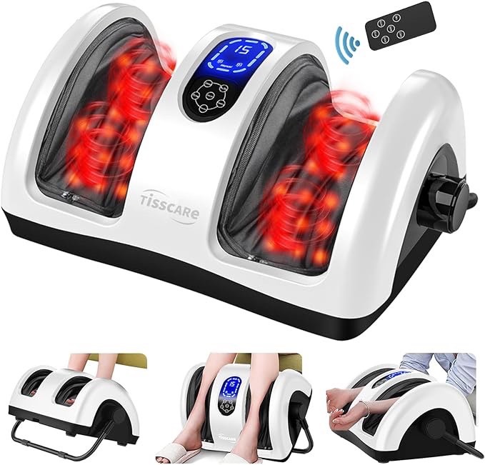 TiSSCARE Shiatsu Massage Foot Massager Machine - Improves Blood Flow Circulation, Deep Kneading & Tissue with Heat/Remote, Neuropathy, Plantar Fasciitis, Diabetics, Pain Relief White