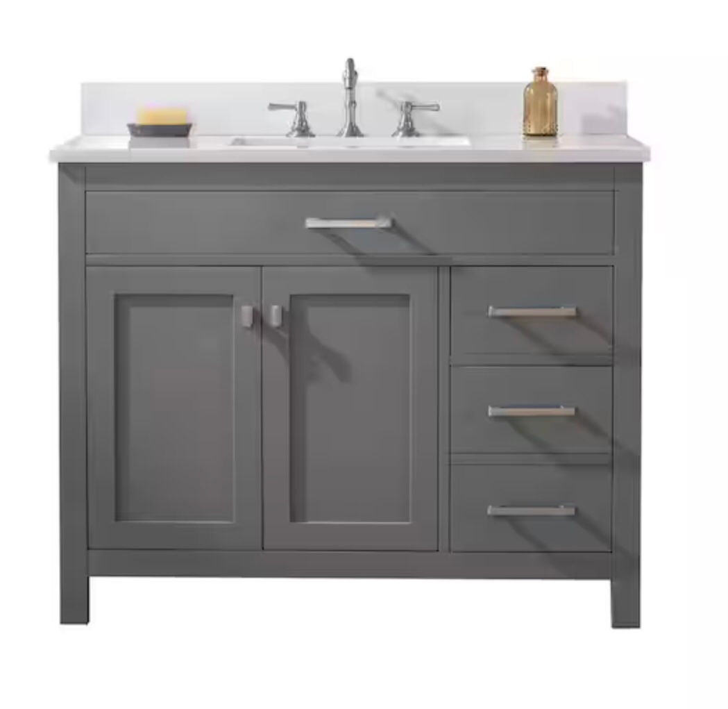 SUDIO Jasper 42 in. W x 22 in. D Bath Vanity in Gray with Engineered Stone Vanity Top in Carrara White with White Sink