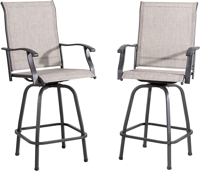 Vongrasig 2 Piece Patio Swivel Bar Chairs, All Weather Metal Textile High Swivel Bar Stools Chairs, Outdoor High Top Bistro Set for Backyard, Lawn Garden, Balcony, Taupe