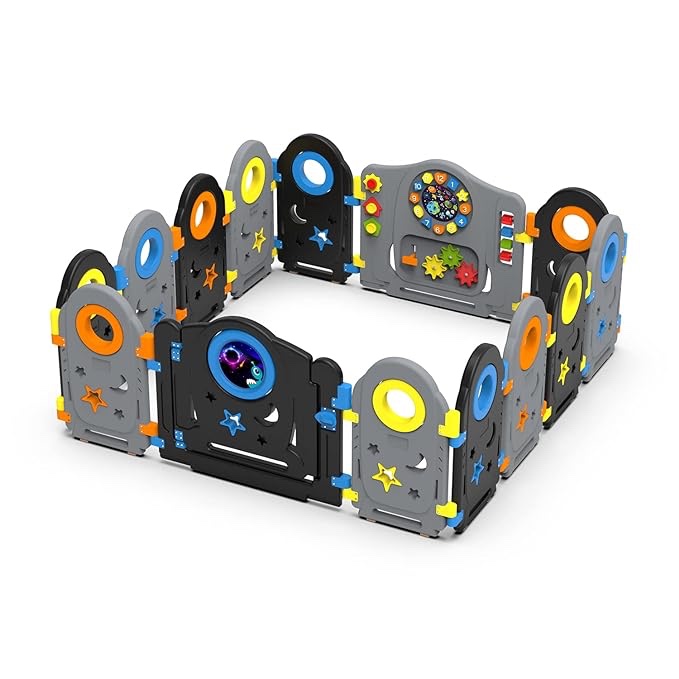 Baby Safety Playpen: Safe Zone Playpen Gray Black Baby Playpen - Kids Activity Center Playard, Safe Play Yard Play Pen with Games & Door for Infants