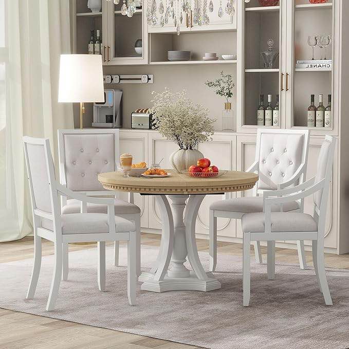 ANTIQUE WHITE AND BEIGE CUSHION DINING CHAIRS