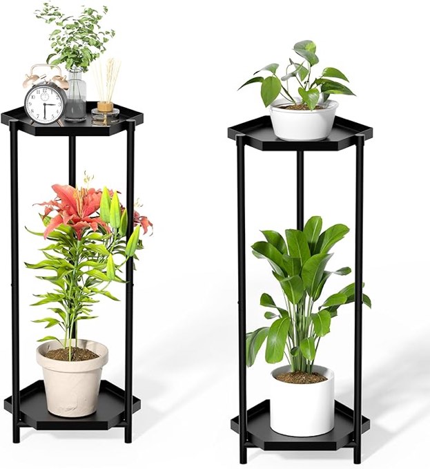 SUEH DESIGN Tall Metal Plant Stand, 2-Tier Plant Stand Hexagonal Plant Stand Indoor Corner Plant Holder Plant Shelf for Indoor Outdoor Home Decor, 2 Pack