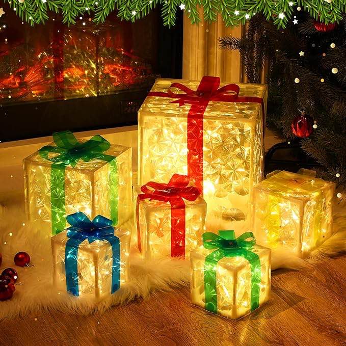 Kigley Set of 6 Christmas Lighted Gift Boxes LED Present Boxes Decoration, Pre Lit Light up Xmas Boxes PVC Under Tree Ornament Decor Indoor Outdoor, Holiday Party Fireplace Home Pathway Yard Art