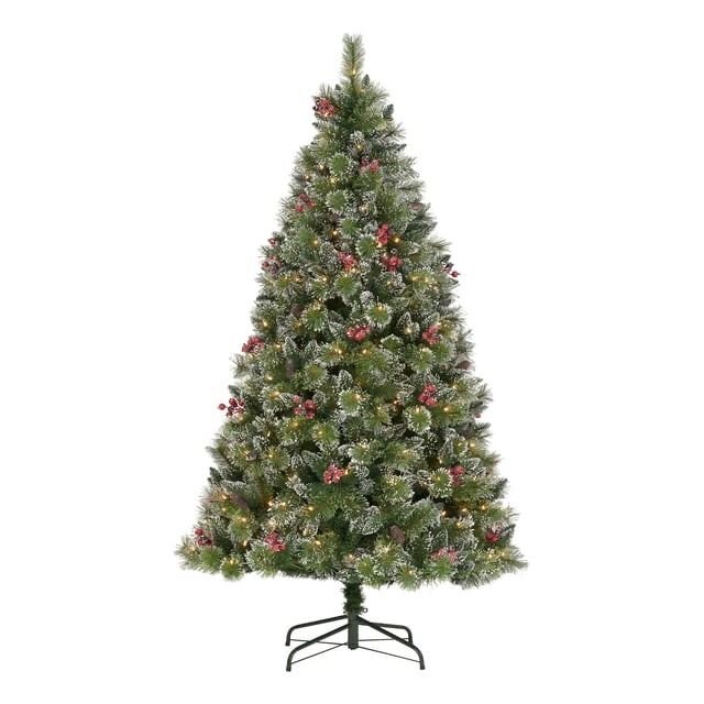 Holiday Time 7.5ft Pre-Lit Glittering Frost Pine Christmas Tree, Green, 7.5', Warm White LED