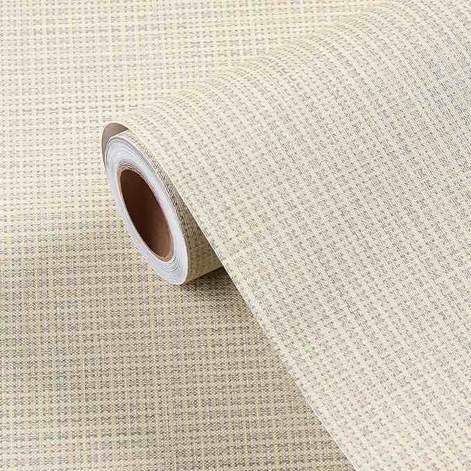 FunStick Beige Wallpaper Stick and Peel for Bedroom Waterproof Grasscloth Peel and Stick Wallpaper Textured Geometric Wall Paper Self Adhesive Beige Contact Paper for Cabinets Walls Shelves 12"x200"