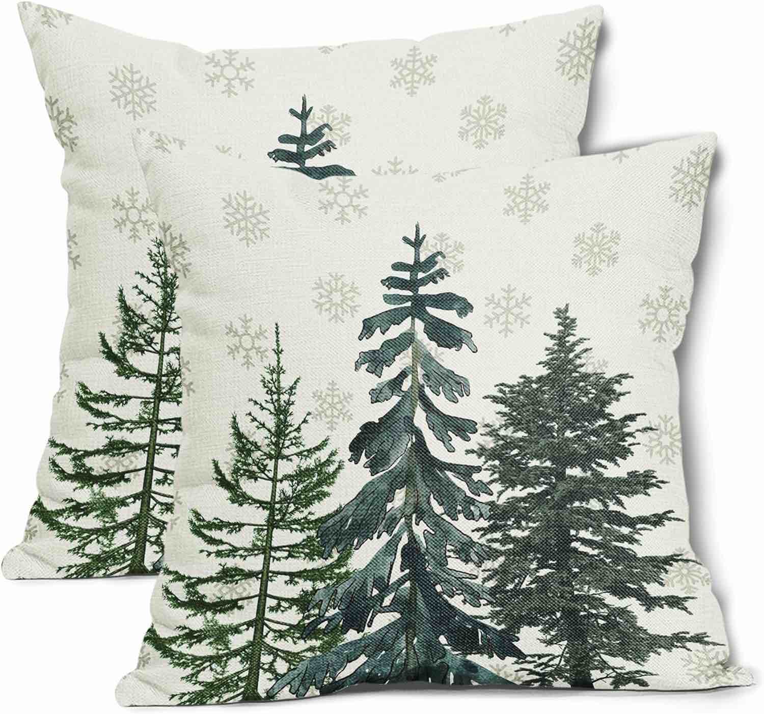 Christmas Trees White Throw Pillow Covers 18x18 Inch Snowflake Decorative Square Pillow Cases Winter Holiday Cotton Linen Cushion Covers Farmhouse Home Decor For Sofa Couch Bedroom Outdoor Set of 2