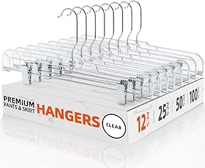 HOUSE DAY 12 Pack 14 inch Clear Plastic Skirt Hangers with Adjustable Clips, Pants Hangers 360-Rotating Swivel Hook, Clip Hangers for Pants, Trousers, Skirts, Jeans, Bulk Plastic Hangers