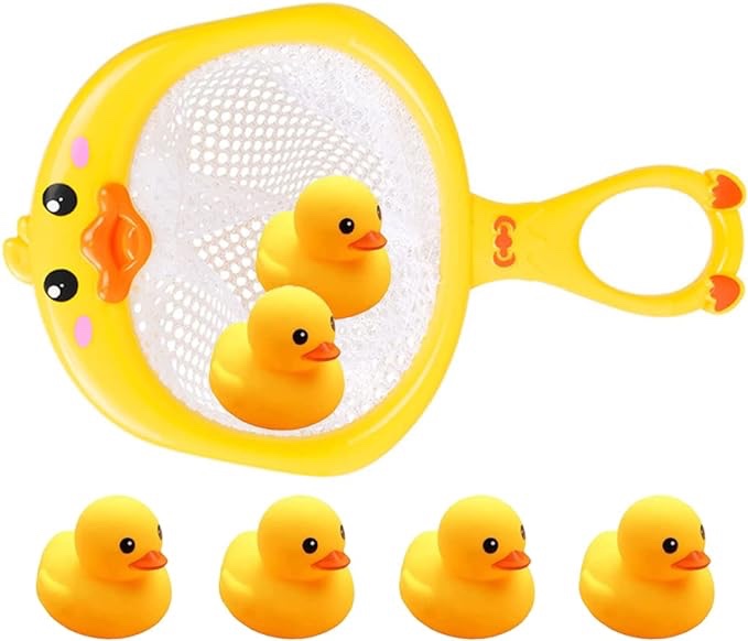 AIYUENCICI Bath Toy Baby Bathtub Duck Toy Set, 1 Pcs Ducky Animals Fishing Net with 6 Pcs Water Floating Sea Animals Duck Toys, Bathroom Floating Pool Fishing Play Set for Toddler Kids (Duck)