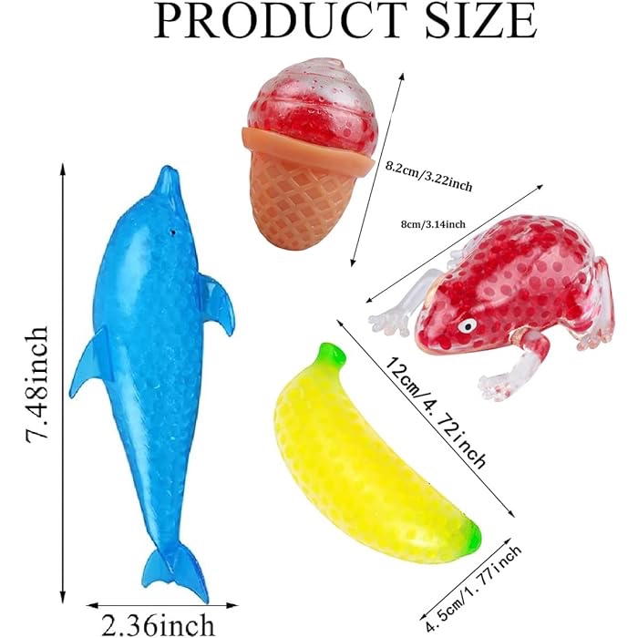 4 Pcs Large Stress Relievers Stress Relief Fidget Balls Kids Sensory Stress Balls Bead Filled Stress Ball Hand Wrist Squeeze Fruit Ball Frogs Ice Cream Dolphin Banana Bubble Rubber Funny Vent Toy Gift