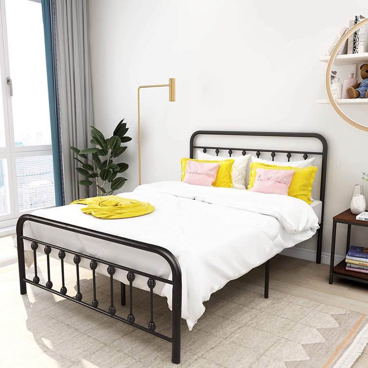  Black Metal Bed Frame Full Size With Vintage Headboard And Footboard Platform Base, Full Size by Rosalind Wheeler PHO_OYGP 6V88