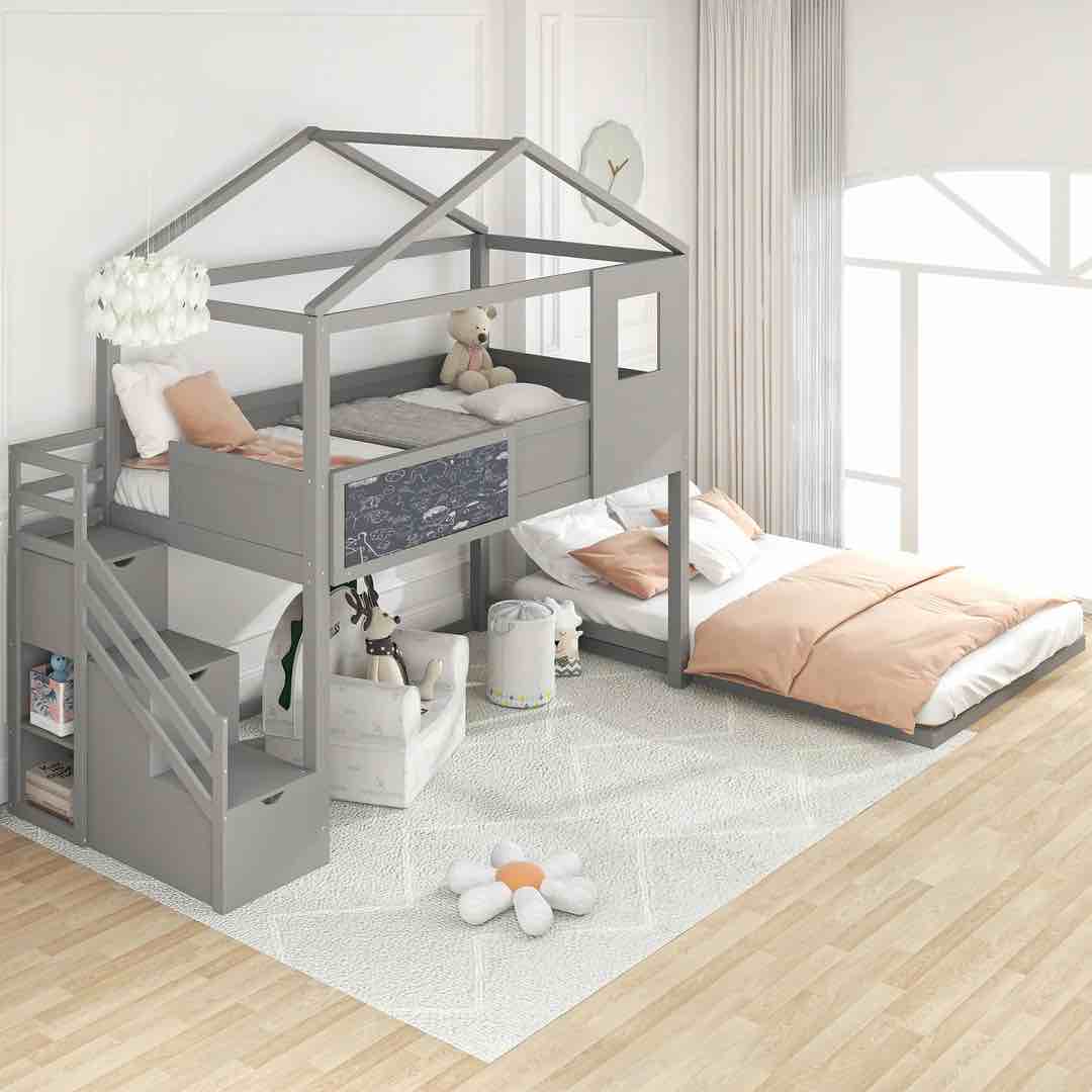 Twin over Full House Loft Bed with Storage Staircase and Blackboard (box 2/2 only for pickup)