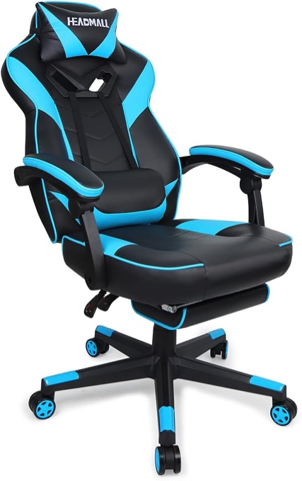 HEADMALL Gaming Chair with Footrest, Office Chair with Lumbar Support and Headrest Height Adjustable Gamer Chair with 360°-Swivel Seat - Black blue 