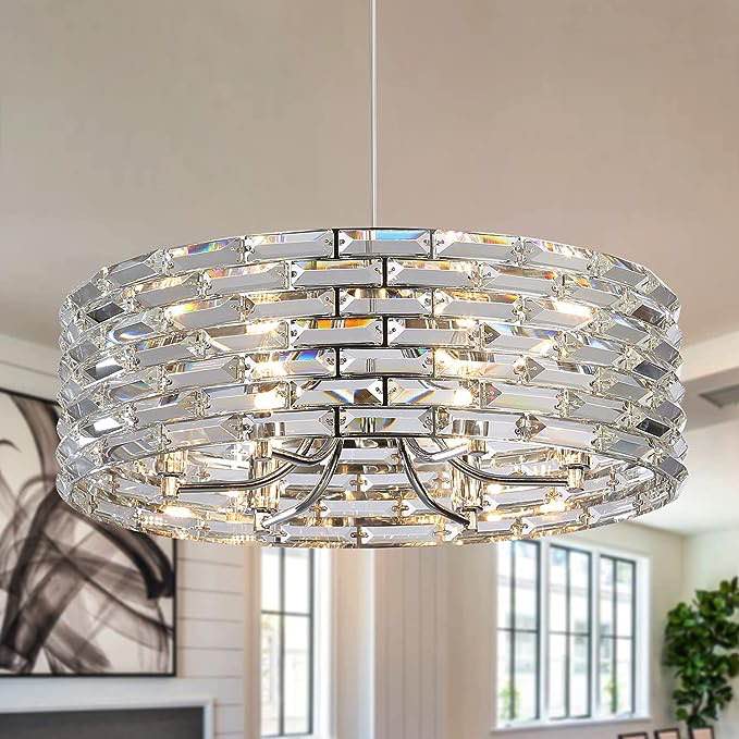 Round Crystal Chandelier Modern 6-Light Crystal Drum Chandelier Clear Beveled Crystal Panels Chrome Finish Round Crystal Chandelier Luxury Pendant Ceiling Light Fixture for Dining Room Entryway