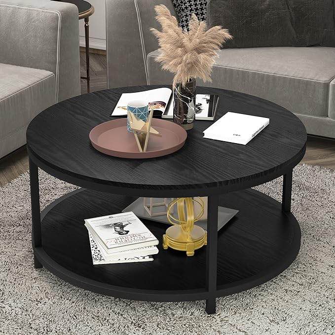 36”Round Coffee Table, Rustic Wooden Surface Top & Sturdy Metal Legs Industrial Sofa Table for Living Room Modern Design Home Furniture with Storage Open Shelf (Light Walunt)
