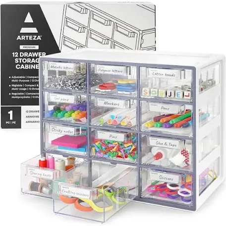 Arteza Desk Drawer Organizer, Multipurpose 12-Drawer Cabinet for Makeup Storage, Tools, and Art Supplies, 9.21in x 16.22in x 12.79in