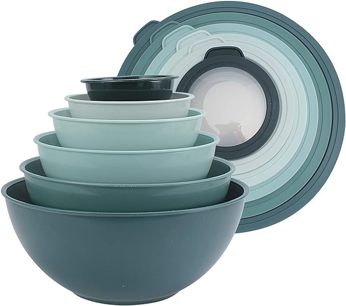 BoxedHome BPA Free Plastic 6 Pack Round Mixing Bowl with Lids, Microwave and Dishwasher Safe Serving Bowls (Green, 12pcs)