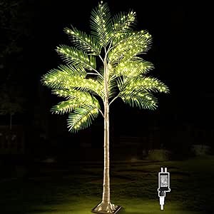IJG 7FT Lighted Palm Tree for Outside Patio, 560 LED Warm White Light Artificial Palm Tree with Timing Function, LED Palm Tree for Pool Beach Patio Yard Tiki Bar Hawaii Outdoor Indoor Decoration