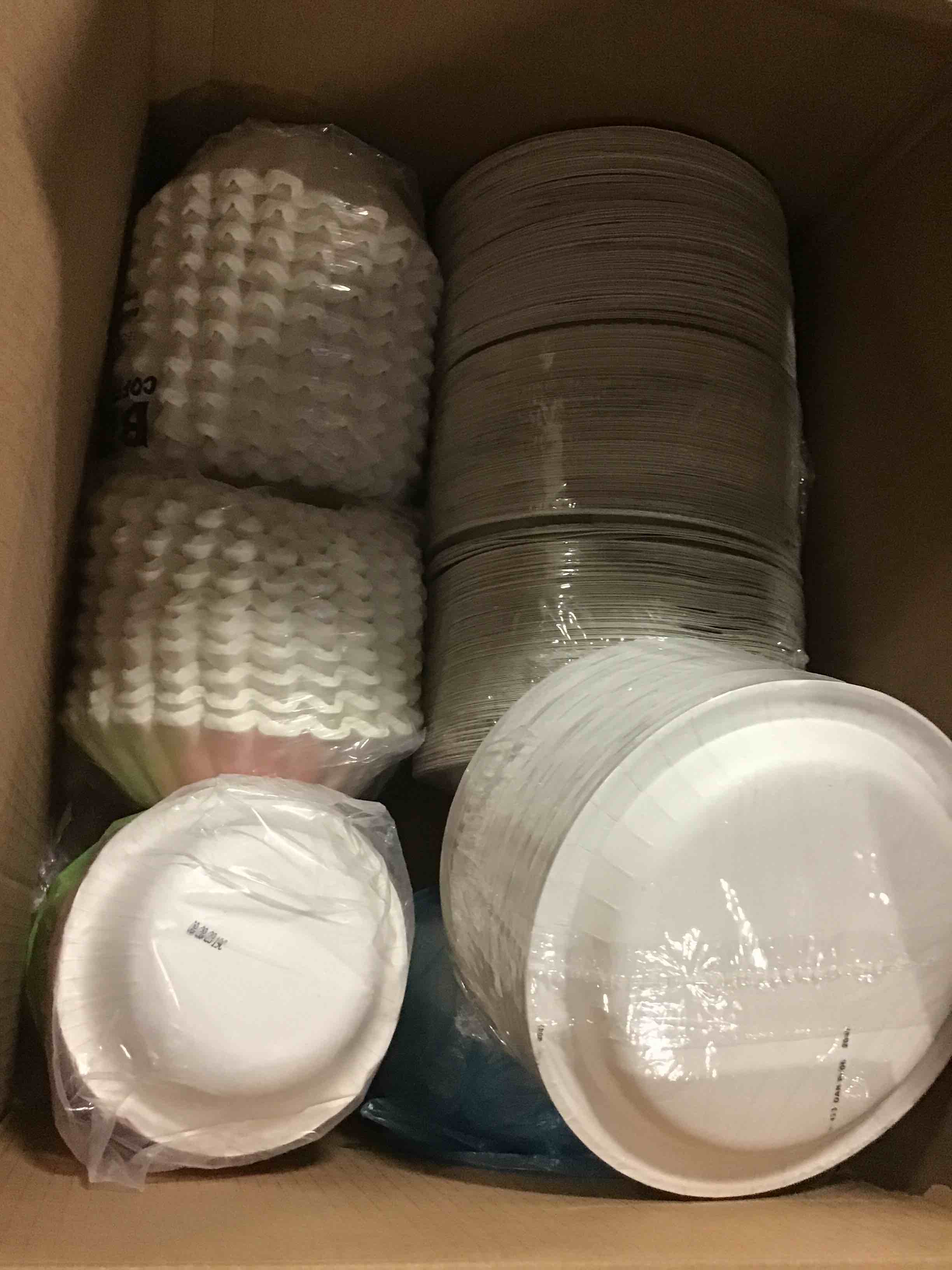 Assorted kitchen needs (paper plates, coffee