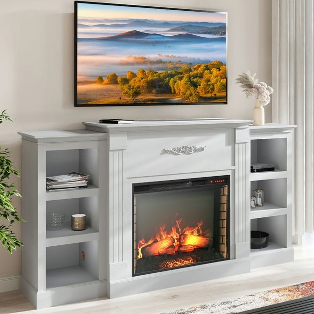 BELLEZE 70" Mantel TV Stand Entertainment Center For TVs up to 68" with 28" Fireplace - Lenore (White)(Incomplete)