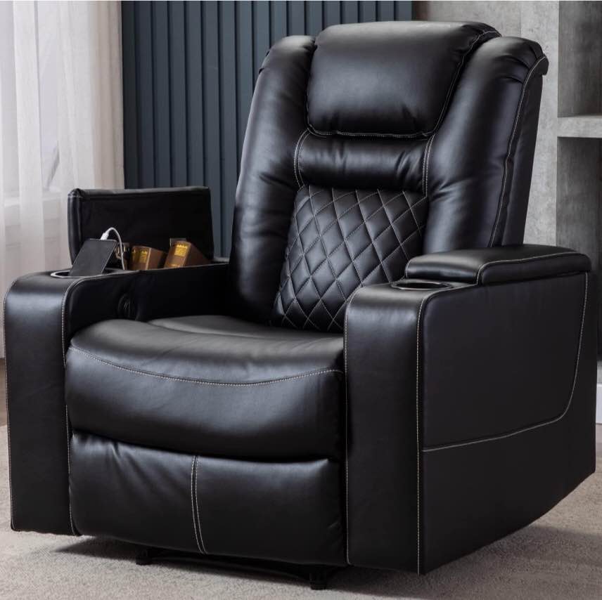 CANMOV Electric Power Recliner Chair with USB Ports and Cup Holders, Breathable Leather Home Theater Seating with Hidden Arm Storage (Black.  similar to stock photo.  1 of 2 only. Incomplete 