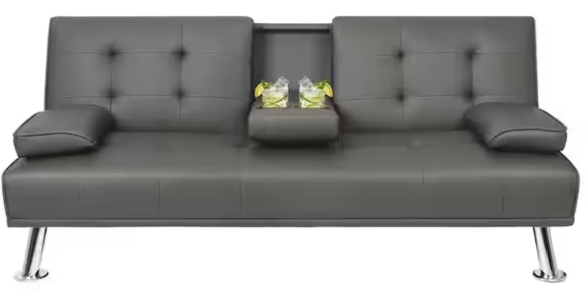 Gray Faux Leather Upholstered Convertible Folding Futon Sofa Bed 2 Cupholders