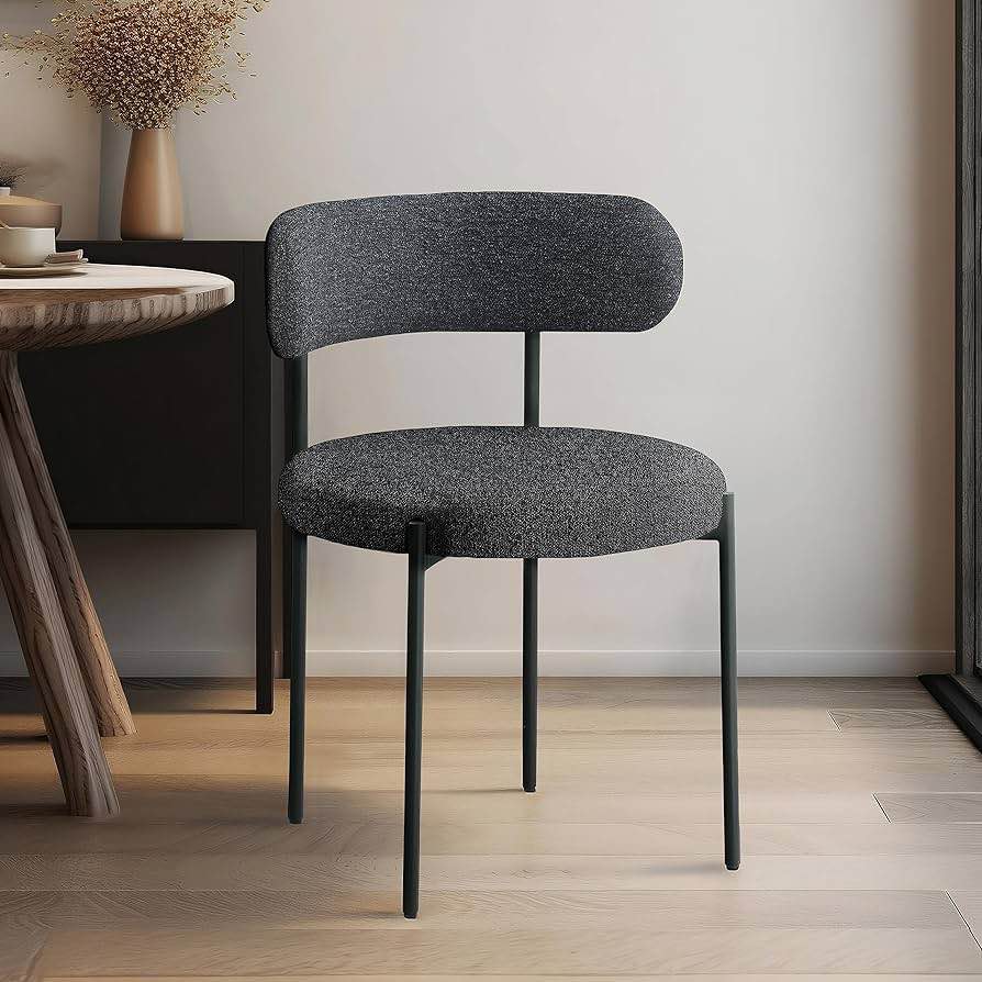 Leisure Chair Boucle Fabric Upholstered Dining Chair with Matte Black Metal 