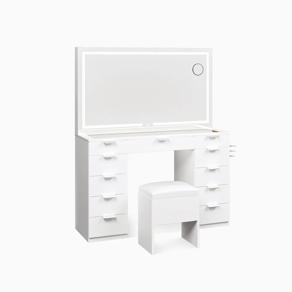 46" Modern Makeup Vanity with 11 Drawers LED Lighted Mirror & Power Outlet, White INCOMPLETE (INCOMPLETE, box 1 of 2 ) 